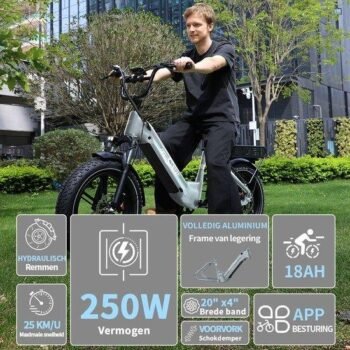 OneSport – Elektrische Fiets met 864Wh Uitneembare Accu – Max.100 km Bereik – 20×4 Inch Banden – Shimano 7 Versnellingen & Hydraulische Schijfremme